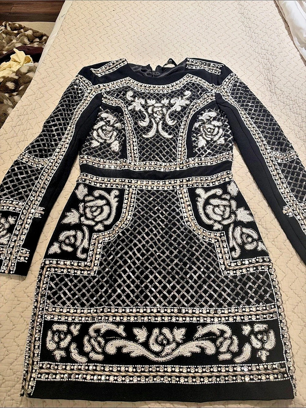 bebe Embellished Mini Dress in Black & Silver Like New
